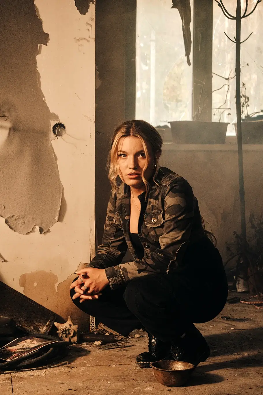 Kelsie Kimberlin sits in a destroyed apartment