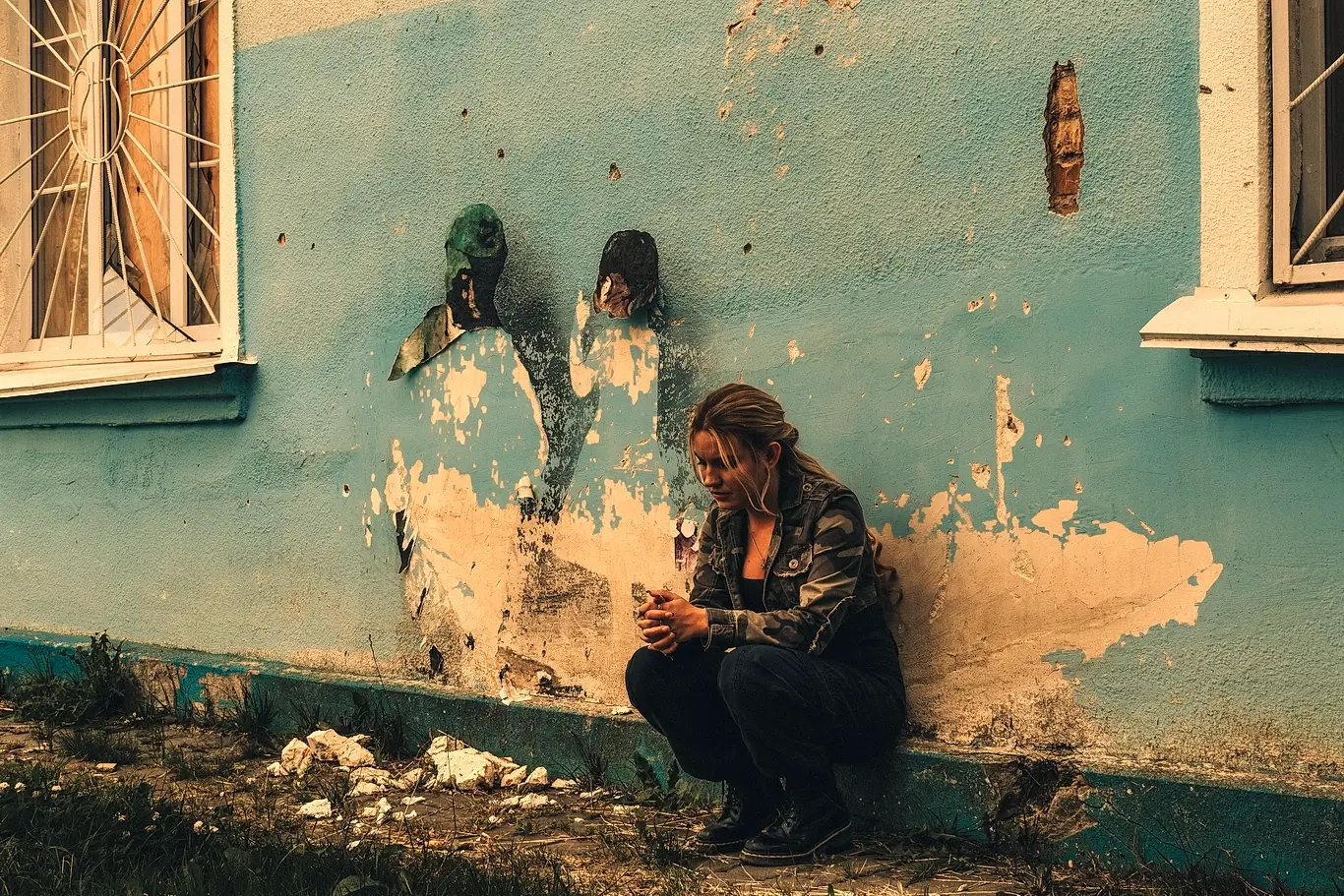 Kelsie Kimberlin sits near a broken wall