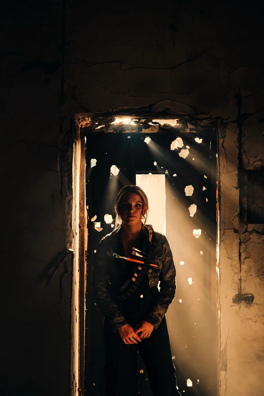 Kelsie Kimberlin stands at the door of a destroyed apartment